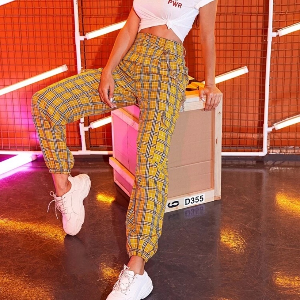 yellow plaid jogger pants with chain accent